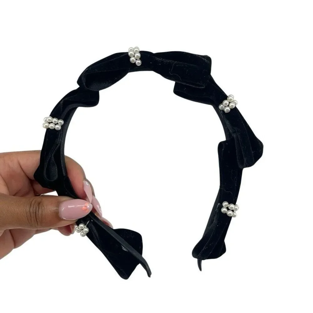 Black Velvet Bow Headband Pearl Embellished Feminine Coquette Hair Accessory